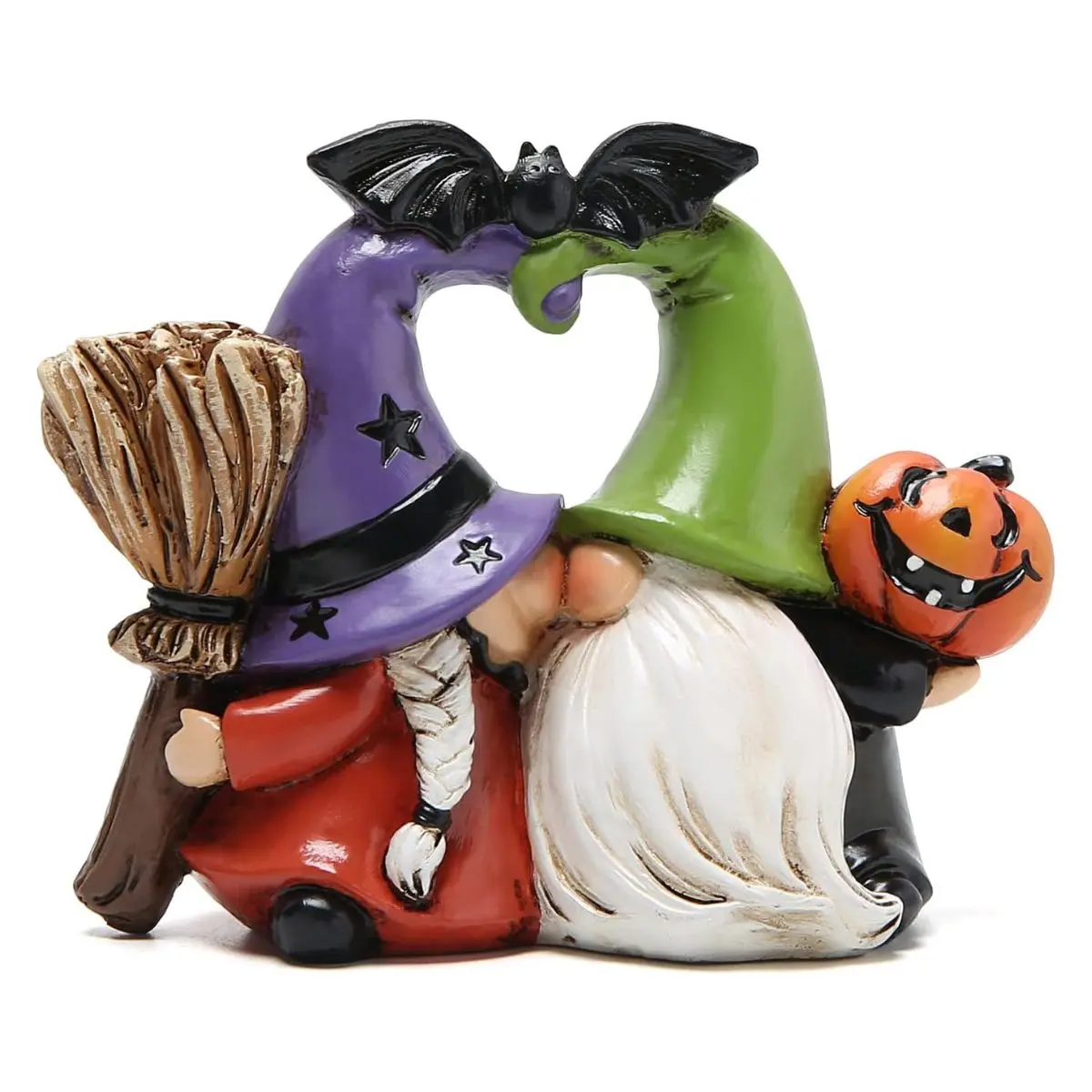 Halloween Gnome Couple Figurines – Hand-Painted Pumpkin & Bat Decor for Table, Mantel & Office