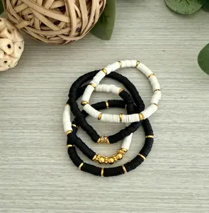 Handmade Clay Bracelet Set – Elegant Black White Gold Clay Bead Bracelets Stack