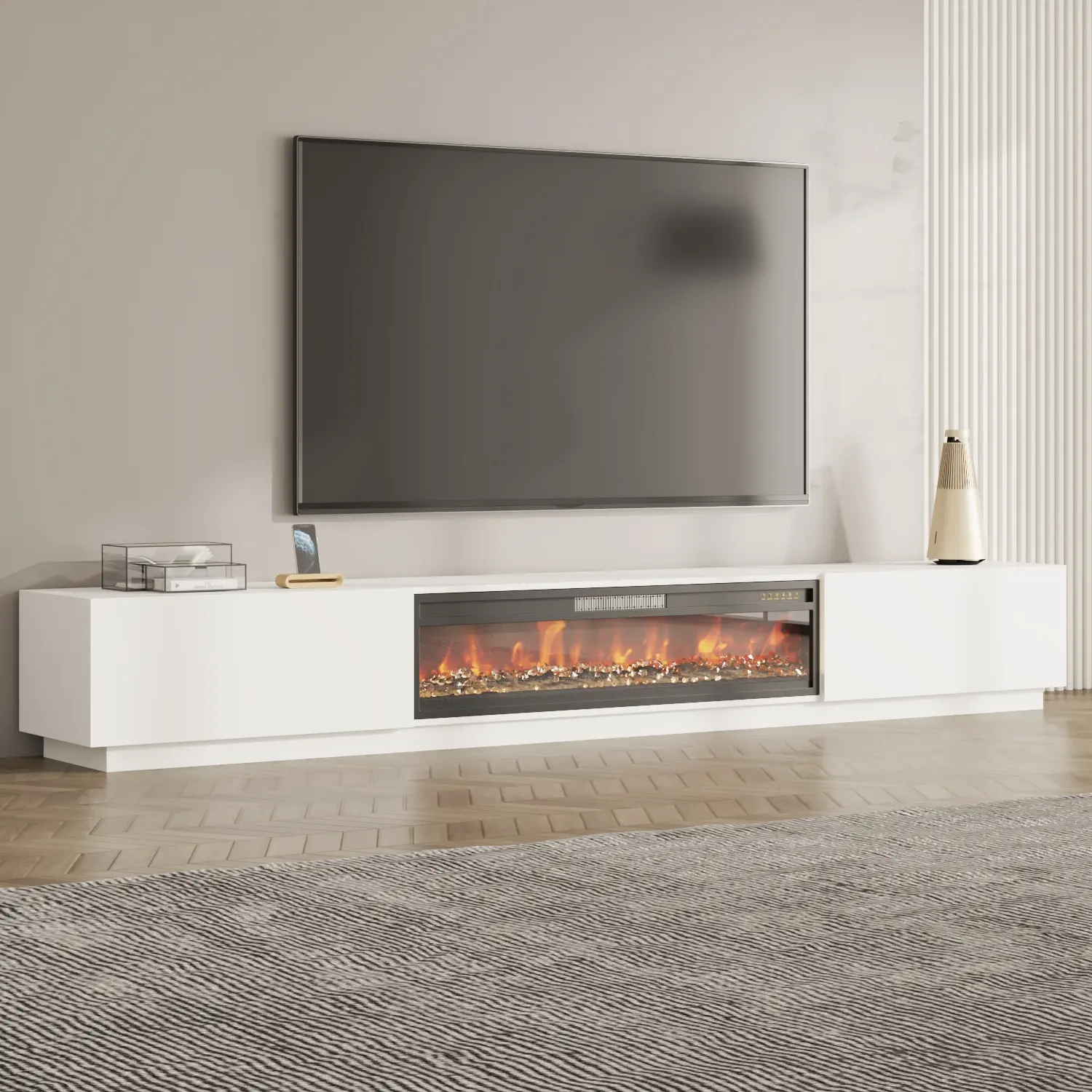 FUFU&GAGA Modern Fireplace TV Stand for TVs Up to 109" - 46" Electric Fireplace Heater, LED Light, Media Console Storage Cabinet, White Indoor Living Room Entertainment Center, Modern Tv Stand