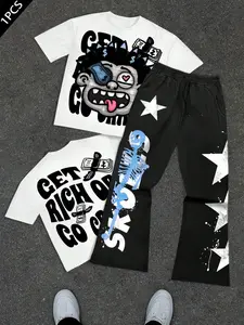 Men's Autumn Cartoon Print Set, Casual Fitted T-Shirt & Pants, Y2K Street Style, Unique Design, Perfect for Dance Fitness Outdoor School Clothes, Menswear