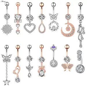 Alisouy 1pc CZ Crystal Navel Ring Bar Barbell Drop Dangle Nombril Ombligo Sexy Belly Button Ring Men Women Piercing Body Jewelry