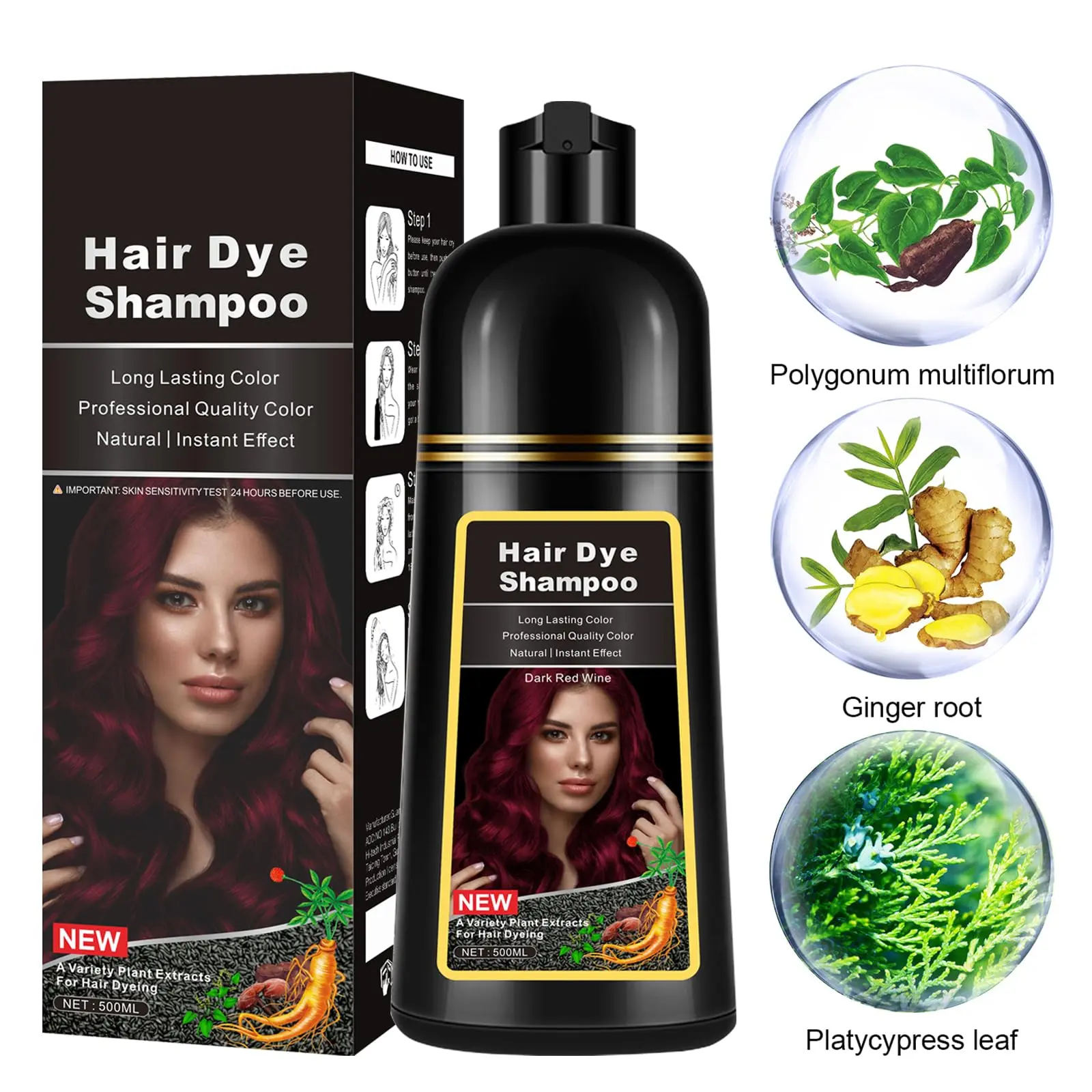 Herbal Ingredients Hair Color Shampoo for Gray Hair Coverage - 3 in 1 Formula for Women & Men, Black or Coffee Dye, 500ml
