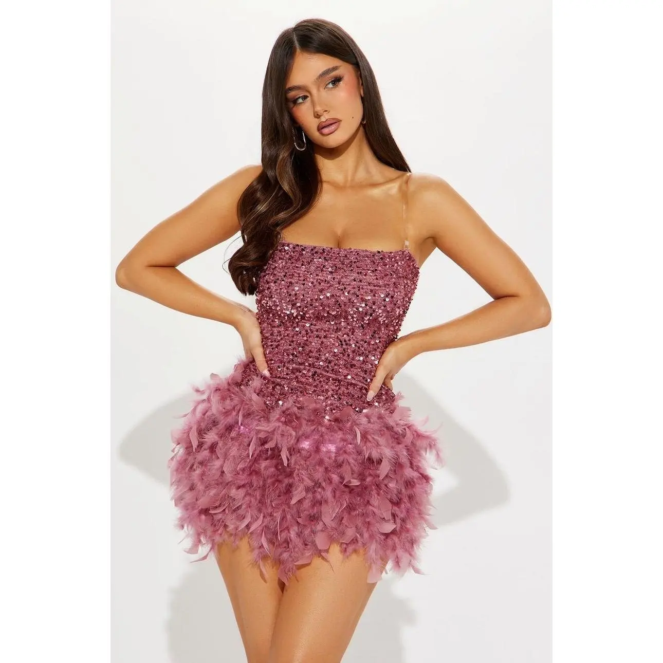 Women's Embellished Sequin Mini Dress - High Stretch Polyester Blend, Feathered Bodycon, Straight Neck, Zipper Back, Removable Straps, Imported, Plus Sizes Available