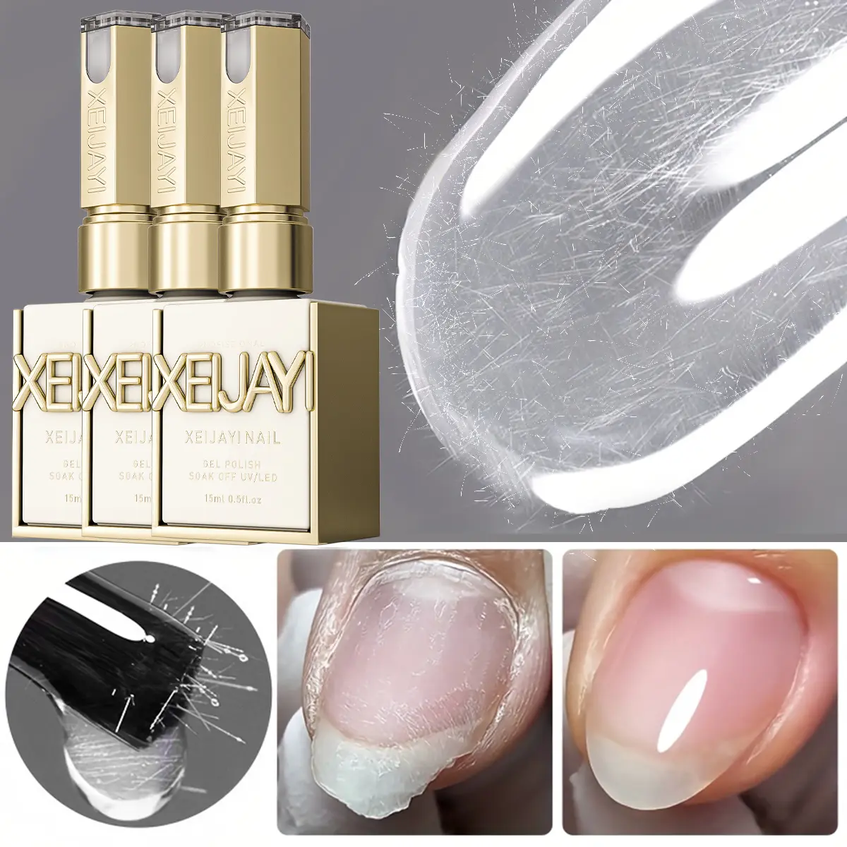 3PCS*15ML Nail Gel with Fiberglass - High-Density, Non-Breakable Adhesive for Damaged Nails, Quick Fix & Strengthening, Alcohol-Free Formula, Easy Application for Healthy Nails, Gel X Nail Supplies, Manicure Enhancement, Premium Packaging