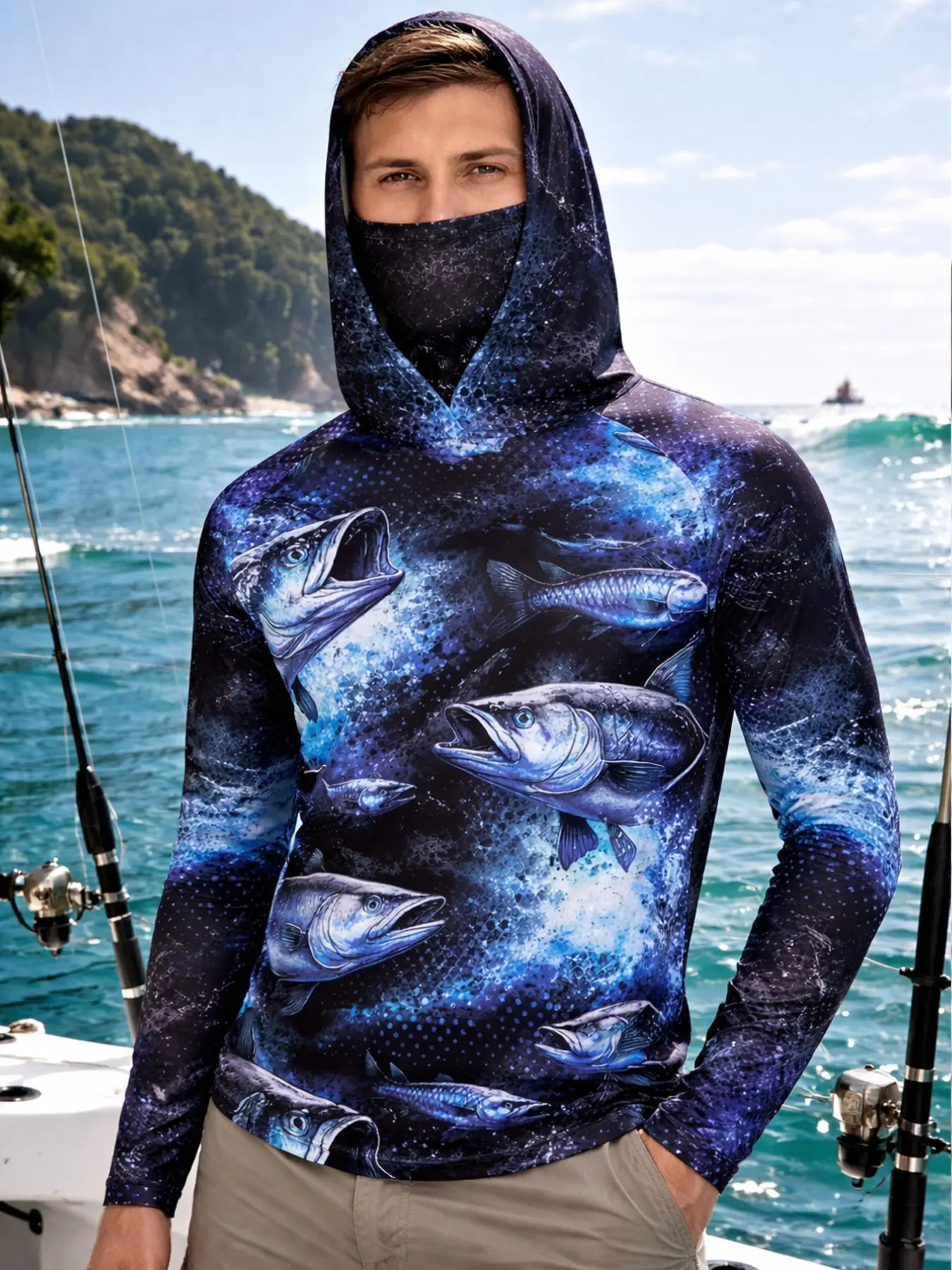 Men's Long Sleeve Hooded Fishing Jacket with Face Mask, Gradient Color Outdoor Fishing Clothing, Sun Protection Jumper, Printed Hoodies