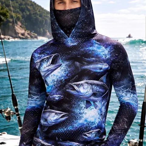 Men's Long Sleeve Hooded Fishing Jacket with Face Mask, Gradient Color Outdoor Fishing Clothing, Sun Protection Jumper, Printed Hoodies, Sun Protective Hoodie