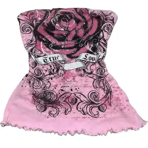 Y2k Grunge Tube Top Women Whimsy Twee Graphic Crop Going out Bandeau Top Mcbling Emo 2000s Sleeveless Streetwear tank air Long Sleeve Deep Neck Tie