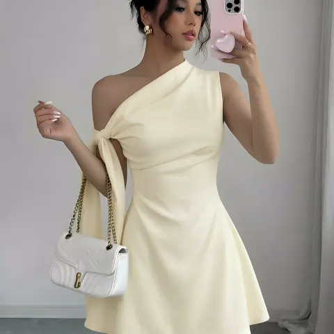 Women's Elegant Solid Tie-Shoulder Sleeveless Minimalist Short Shift Dress, Light-Colored Dresses