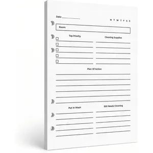 A5 Cleaning Action Inserts - Room-by-Room Cleaning Sheets, Double-Sided Household Cleaning Planner Pages, 50-Sheet 6-Hole Refill for A5 Binders