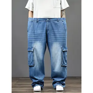 Half Elastic Waist Retro Workwear Jeans for Men Size 4XL-9XL Loose Fit Multiple Pockets High Waist Vintage Style Medium Stretch Fabric All-Season Wear Plus Size QT8003394 Denim 78% Cotton 6.8% Polyester 15.2% Viscose