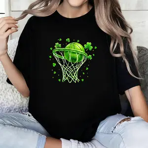 🍀   St. Patrick's Day Green Basketball T-Shirt - Shamrock Basketball Hoop Shirt, Lucky Sports Graphic Tee