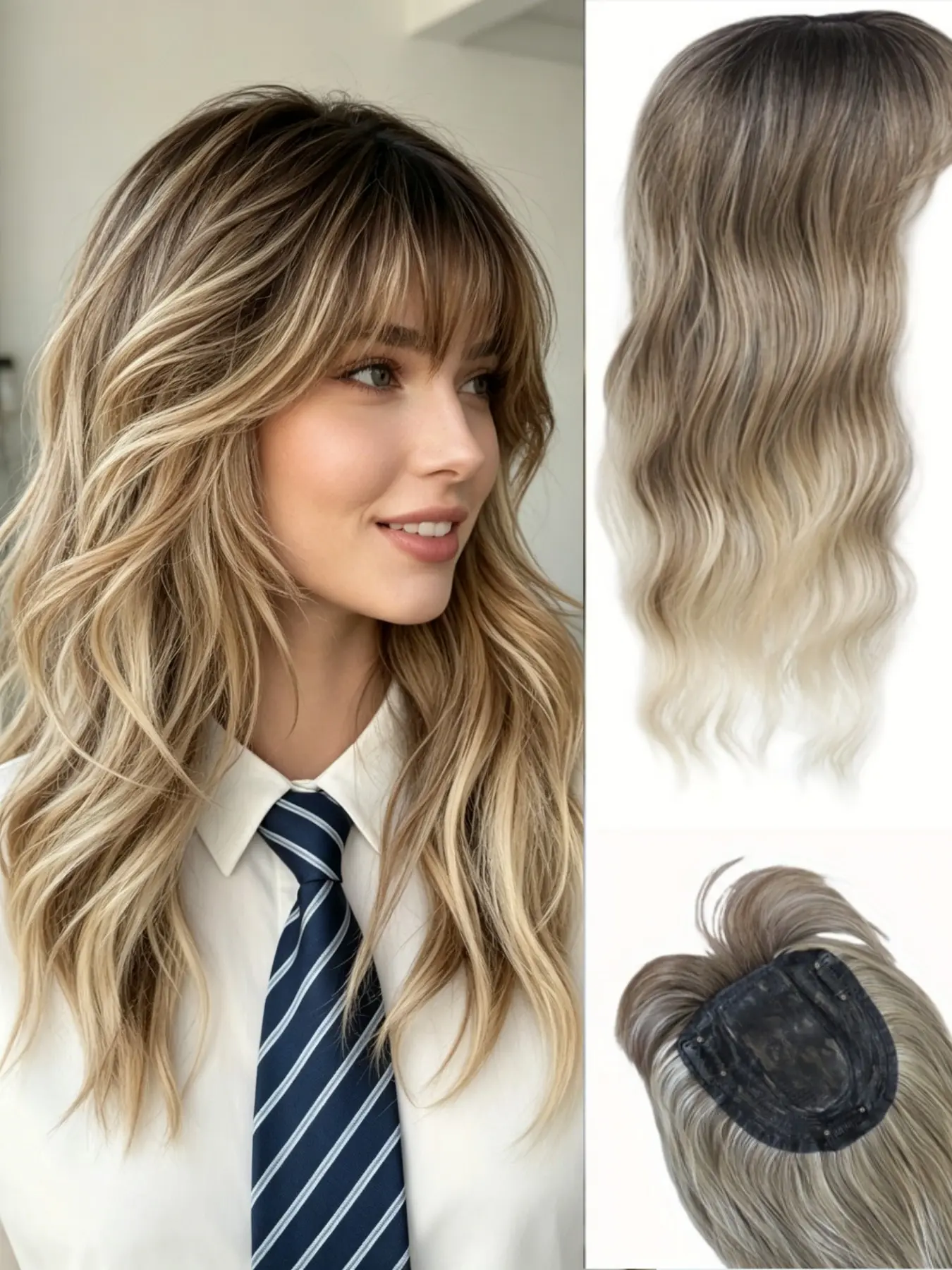 Wavy Clip-In Hair Topper with Bangs, Wave with Bangs, Synthetic Hairpieces, Wavy Hair Toppers | 100% High-Quality Kanekalon Synthetic Hair for Women | Fix Thinning Hair, Boost Volume & Confidence with Natural, Undetectable Results!