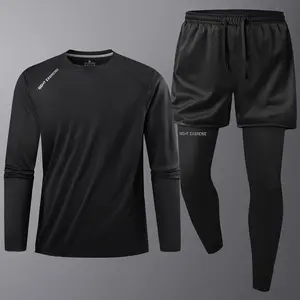 Men's Fitness Sports Suit, Quick-Dry Long Sleeve for Gym and Two-Piece Look Jogger Pants, Running Training Set, Night Exercise