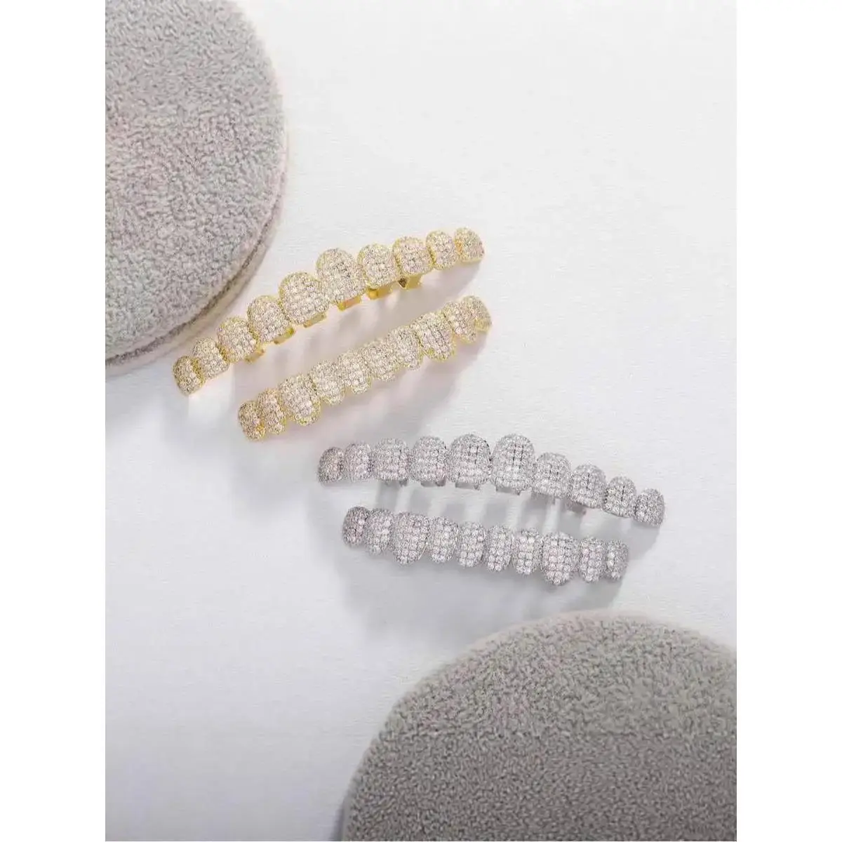 Gold Plated Hip Hop Grillz, 2 Piece Set with Micro-Paved Diamond Accents, Resin Rapper Accessory for High-Impact Style, Punk Aesthetic, Street Fashion, Metallic, Two Piece Set