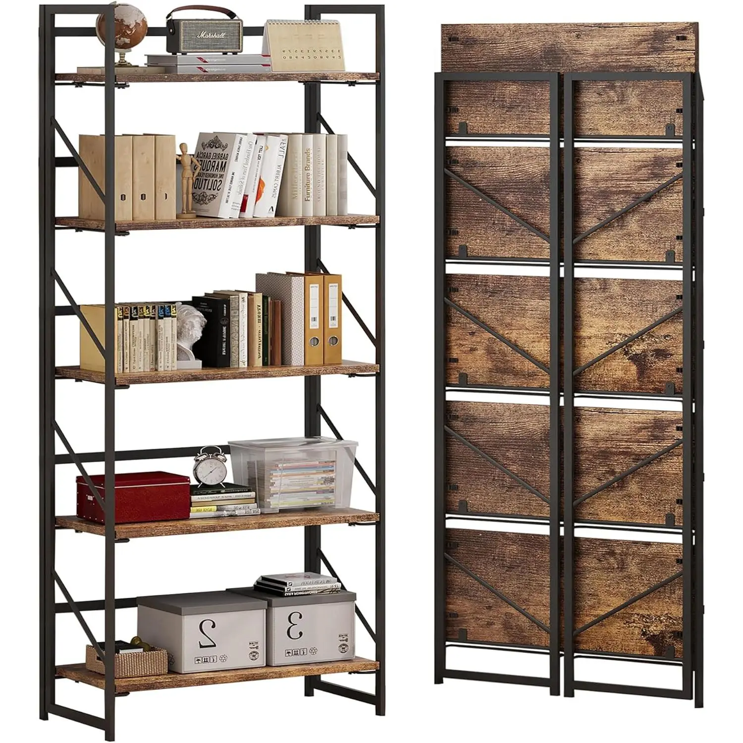 JSB No Assembly Folding Bookshelf, 5 Tier Industrial Metal Book Shelf for Storage, Vintage Wood Foldable Bookcase for Living Room, Bedroom, Office Organization Shelves
