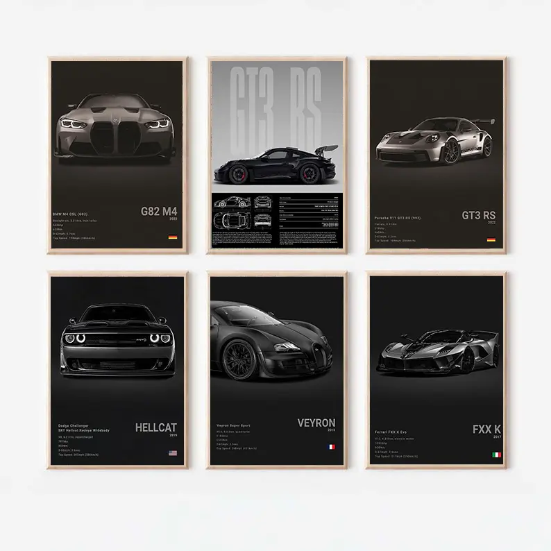 Modern Car Poster for Men, Room Inspo High-Resolution Home Decor Wall Art Featuring G82 M4, GT3 RS, Hellcat, Veyron, FXX Designs