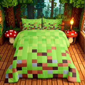 Pixelated Blocks Comforter Set,Toddler,Gamepad Miners Video Games Bedding Set for Kids Teens Bedroom,Geometric Army Camouflage Grid Down Comforter,with,Green Brown