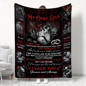 Gothic Sugar Skull Couple "My Only Love" Flannel Blanket Day of the Dead Dark Romantic Cozy Throw for Couples Iconic Dark Romantic Collage Design Butterly Soft Flannel Comfort