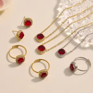 Elegant single diamond square zircon necklace, ring, and earrings set, light luxury simple stainless steel women's jewelry set
