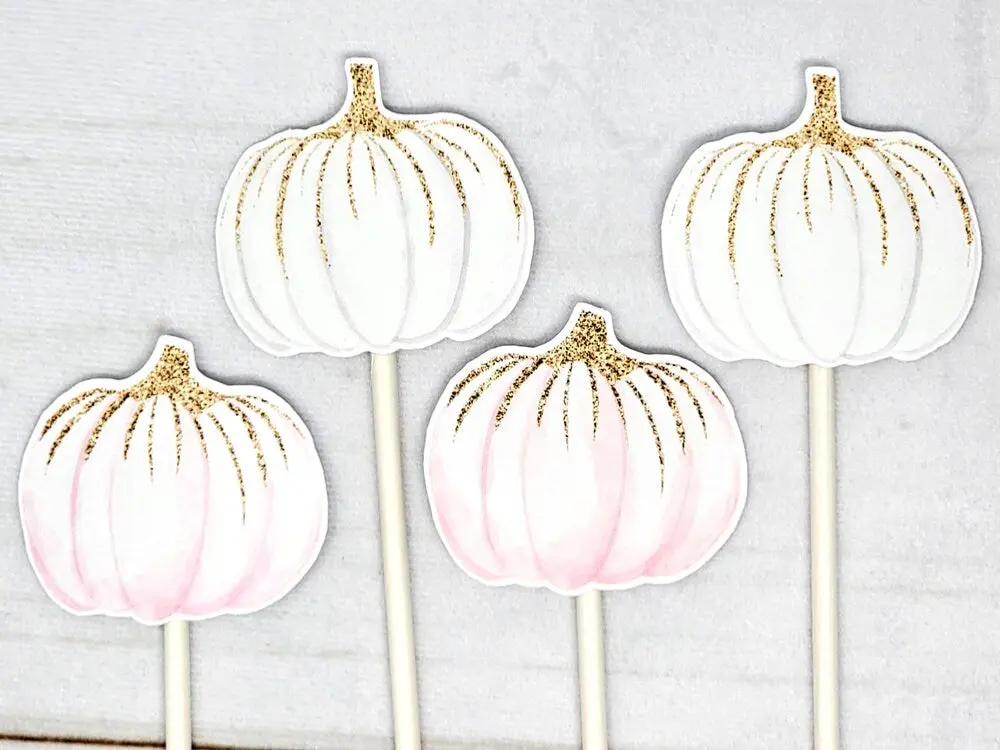 LITTLE PUMPKIN CUPCAKE Toppers - Pumpkin Cupcake Toppers Pumpkin Cake Toppers, Little Pumpkin Birthday, Pumpkin Party, Pink and Gold Pumpkin