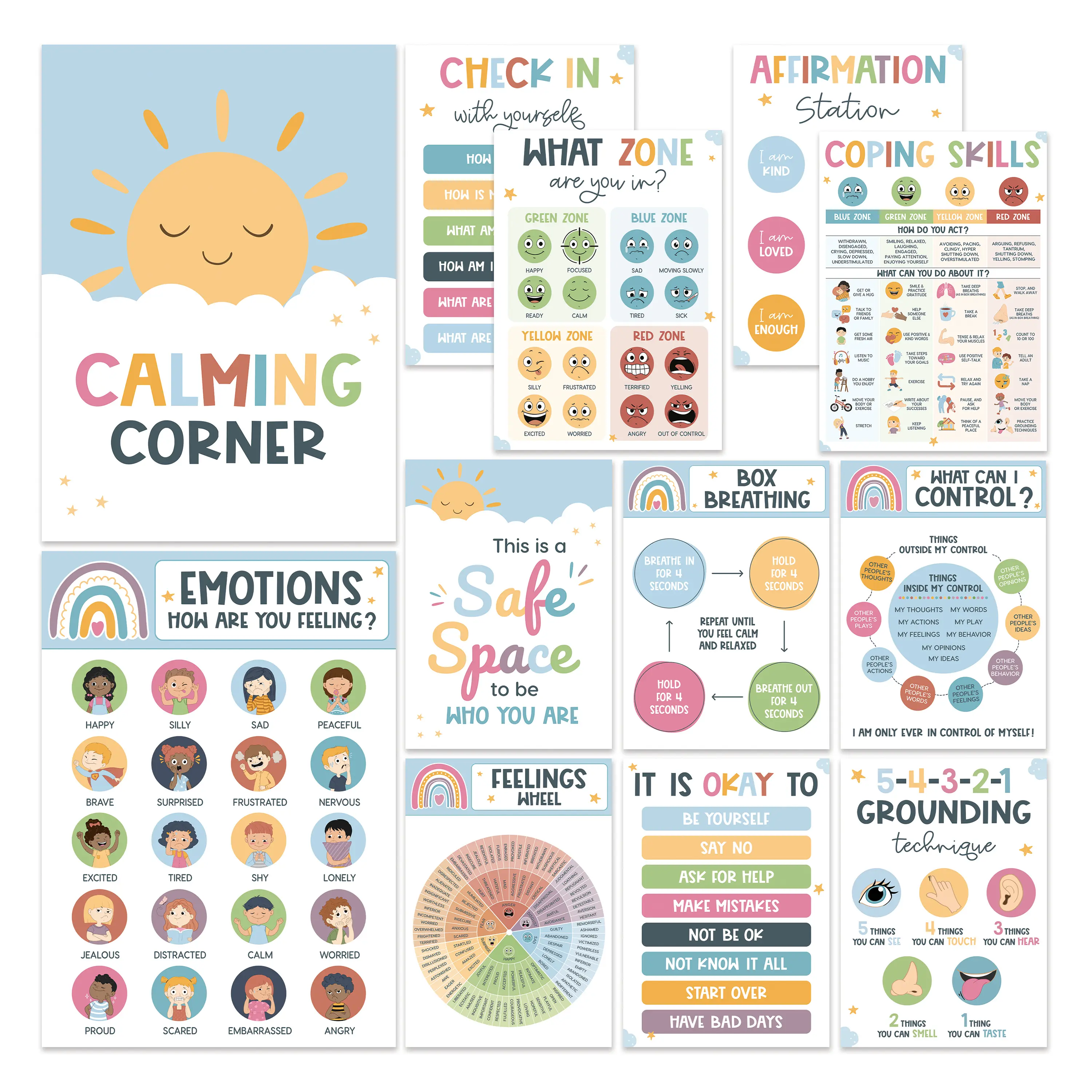 12 Boho Calming Corner Classroom Posters, Feelings Wheel Chart & Emotions Poster For Kids, Calm Down Corner Supplies For Therapy Office Decor, Mental Health Wall Decorations For Preschool Teachers BEAWART