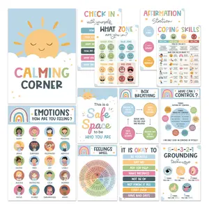 12 Boho Calming Corner Classroom Posters, Feelings Wheel Chart & Emotions Poster For Kids, Calm Down Corner Supplies For Therapy Office Decor, Mental Health Wall Decorations For Preschool Teachers BEAWART