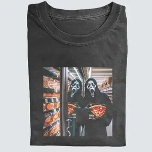 Vintage Halloween Meme Graphic T-shirt, Ghost Face Holding Pizza Tee, Horror Movie Shirt, Horror Character, Funny Halloween Shirt, Unisex T-Shirt