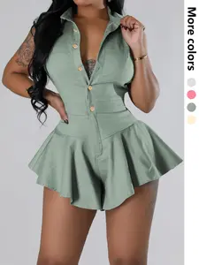 Women's Sleeveless Button Front Bodycon Romper, Chic Elegant Casual One-Piece Jumpsuit, Perfect for Daily Wear & Stylish Fit