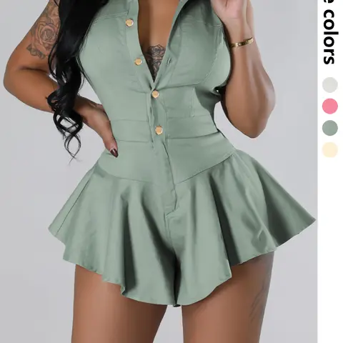 Women's Sleeveless Collared Button Front Bodycon Ruffled Fitted Tailored Romper, Chic Elegant Casual Womenswear One-Piece, Perfect for Daily Wear & Stylish Fit