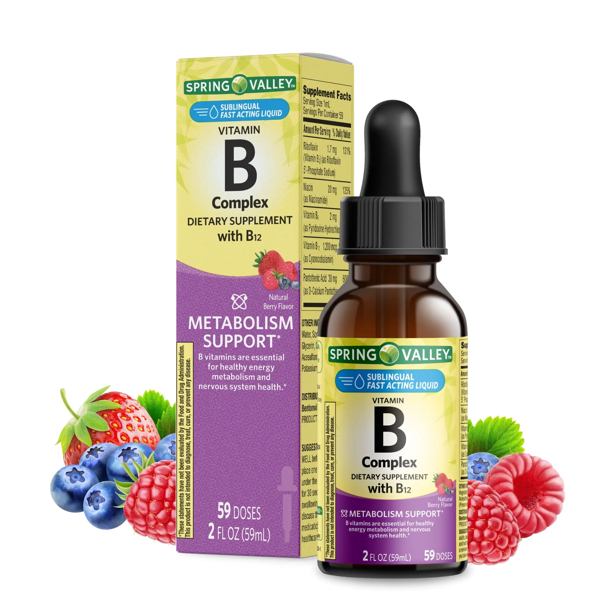 Spring Valley Vitamin B Complex Supplement with B12, 2 fl oz - Energy & Wellness Boost, Natural Berry Flavor