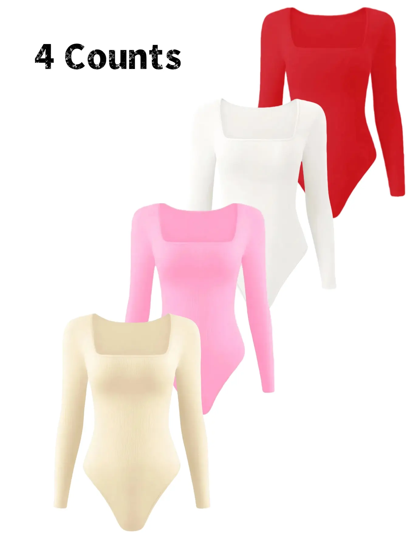 Women's Plain Long Sleeve Crop Fitted Shapewear Bodysuit, Thong Design, Square Neck Slimming Tummy Control, Ladies Underwear & Shapewear