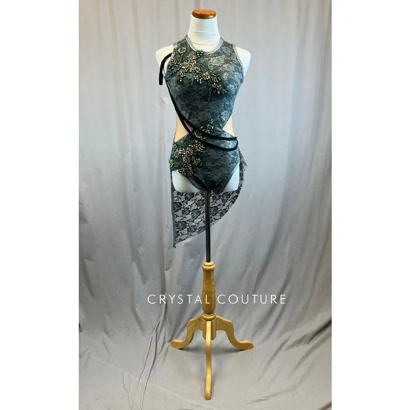 *Brand New* Custom Dark Grey Lace Leotard with Mesh Inserts and Dark Green Beaded Appliques