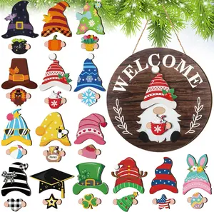 Interchangeable Wooden Gnome Decor Holiday Seasonal Gnome Decorations with Magnet Pieces and Detachable Hats Changeable Welcome Sign for Home(Attractive Style)