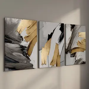 3 Counts Wood Framed Canvas Modern Abstract Black and Gold Wall Art, Ready To Hang, Waterproof, Artwork Wall Painting For Gift, Wall Picture for Home & Dormitory Decoration, Wooden Wall Art