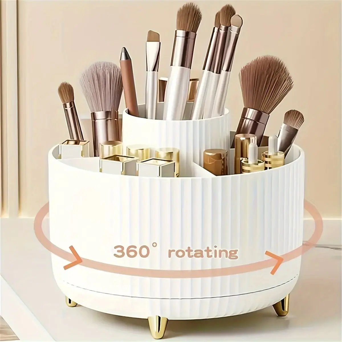 360° Rotating Desktop Organizer Box, 5-compartment storage holder for makeup brushes lipstick and office stationery, spinning desk organizer for vanity table, office desk and study space organization essentials, Cosmetic Makeup Organizer