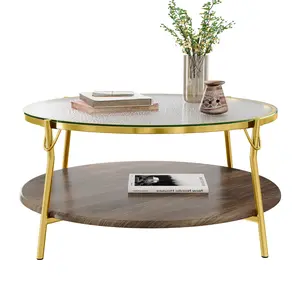 Modern Round Walnut 2-Tiered Coffee Table with Glass Top and Gold Base for Living Room 29.9" Simple Luxury Design Solid Wood Storage System Maple Finish