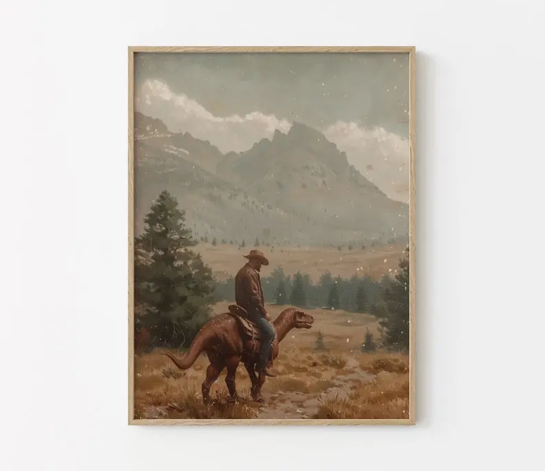 Vintage Dinosaur Cowboy Oil Painting, Western Jurassic Print, Unique Dinosaur Wall Art Decoration Artistic