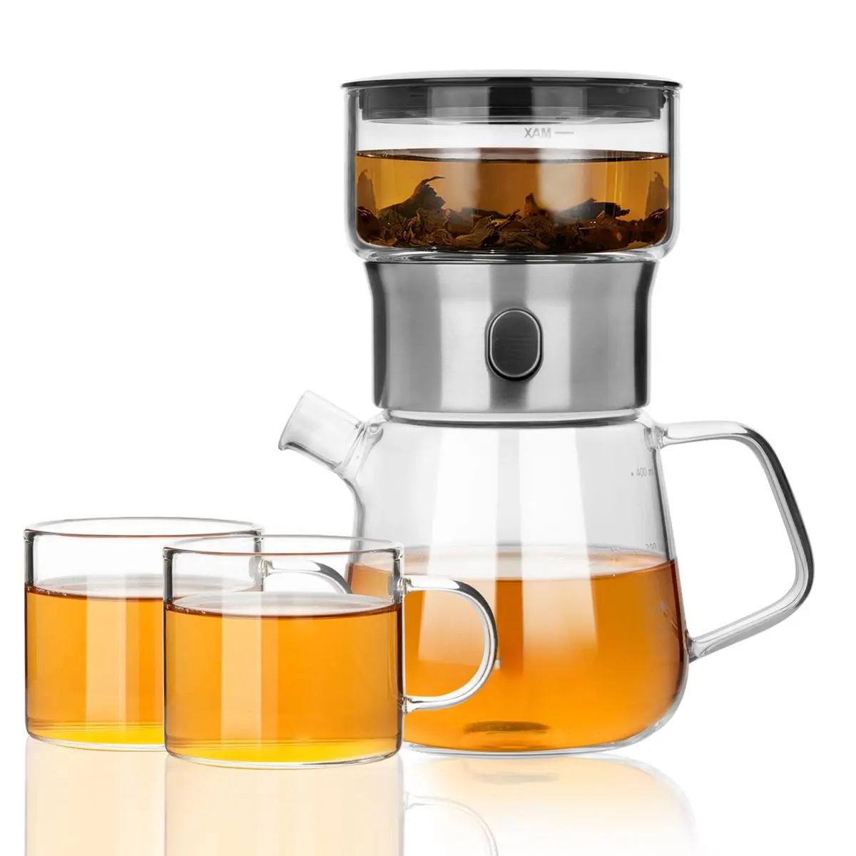 Modern Glass Tea Infuser Teapot Set with 2 Gongfu Cups, Smart One Touch Tea Maker for Loose Tea Diffusers with Insulated Mug and Portable Tea Kits, Cool Gongfu Tea Pot for Black Tea Lover Gifts
