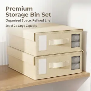 Set of 2 Premium Fabric Storage Bins with Lid, Clear Window & Label Slot, Foldable Closet Organizer for Clothes & Linens
