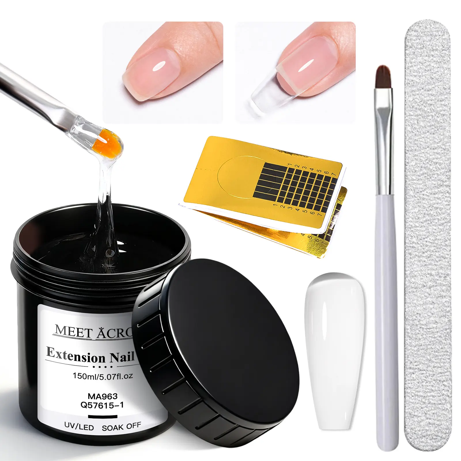 MEET ACROSS 150ml Quick Extension Gel Set, Gel Nail Kit With Everything, Nail Extensions, Uv Light Gel, 4pcs Clear Finger Hard Gel UV LED Gel Nail Art Design Manicure, Includes Nail File & Nail Brush & Nail Form Tips, Nail Kit for Beginners Gift