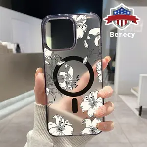 Timeless Bloom Chronicle Pattern Magnetic Phone Case for iPhone 16 15 14 Pro Max 13 12 11 XR XS E Plus Clear Crystal Drop-proof Slim Silicone Shockproof Transparent Protective Cover Supports Wireless Charging
