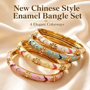 Bracelet Gold Enamel Chinese Style Hinged Bangle Set Slim Mist Blue Pink White Beige Lightweight Feminine Summer Gift for Women Girls Daily Wear Special Occasion Perfect Accessory