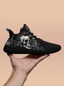 Men's Fashionable Skull & Flame Print Lace Up Low Top Sneakers, 2024 New Style Casual Comfortable Breathable Sports Running Shoes, Male All-match Round Toe Shoes for Daily Wear