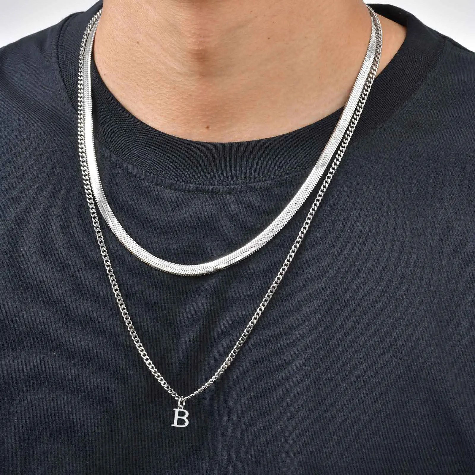 Vnox 2pcs/Set Initials Miami Cuban Link Chain Necklace Set Stainless Steel Blade Chain Hip Hop Jewelry for Men Women Party Gifts
