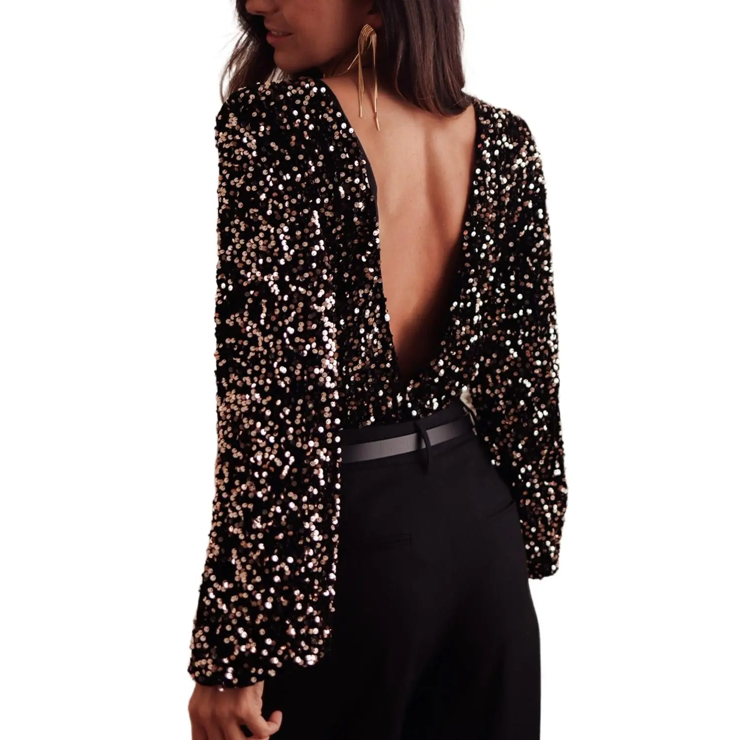Women's Black Sequin High Neck and Puff Sleeve Bodysuit with Deep V Back
