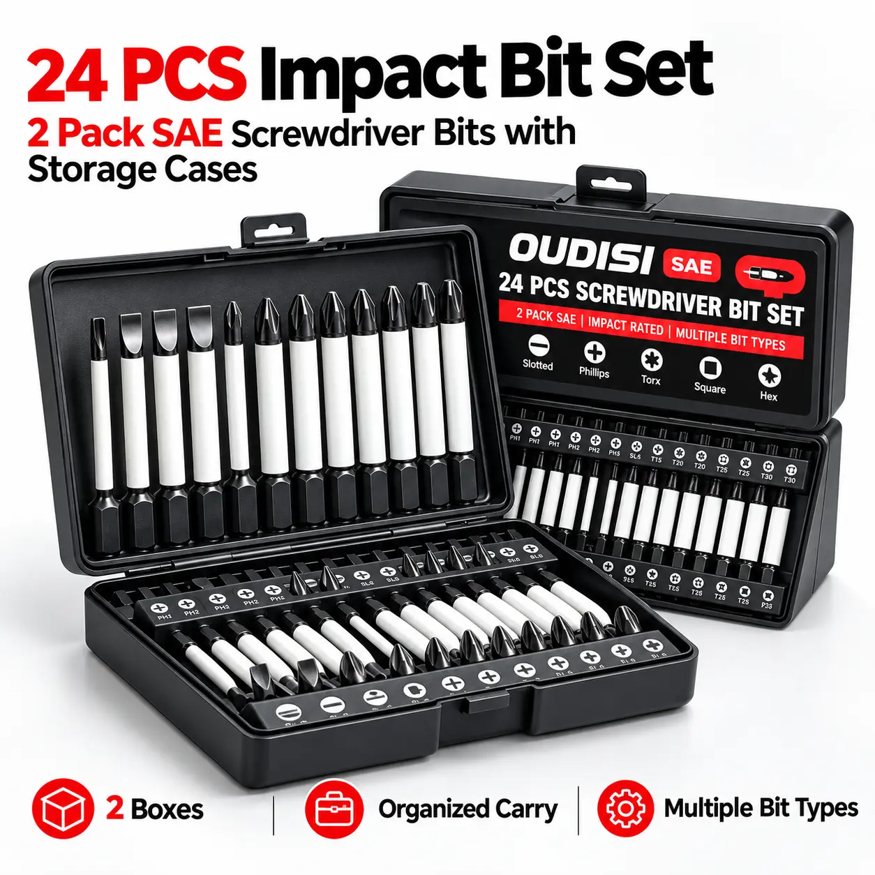 OUDISI 24Pcs Impact Screwdriver Bit Set, 2 Boxes 12Pcs Each, 25mm & 50mm Magnetic Screw Driver Bits, Slotted & Phillips Drill Bits Kit for Power Drill, DIY & Home Repair