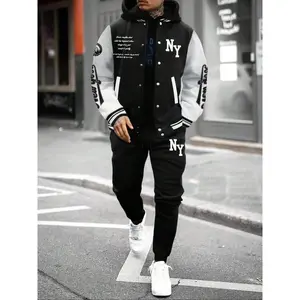 Men's Letter Print Slogan Baseball Jacket & Pants Two-piece Set, Loose Casual Long Sleeve Baseball Collar Outerwear & Trousers for Daily Wear, Men's Two-piece Outfits for Fall & Winter, Matching Clothing Set
