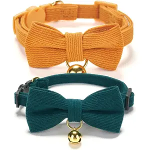 2 Pack Soft Corduroy Cat Collars with Bow Tie & Bell, Adjustable Breakaway Cotton Kitty Bowtie Collar for Girl Boy Kitten (Orange & Green)