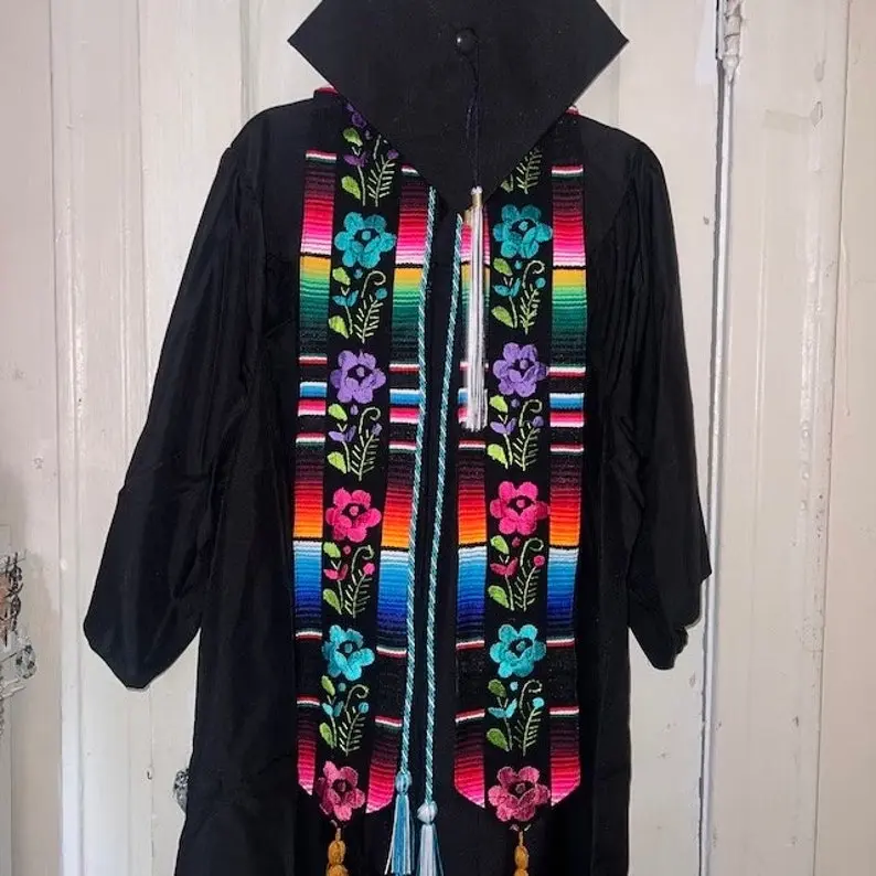 Mexican Sarape Hand Embroidered Flowers Graduation Stole with Colorful Floral Design and Detailed Embroidery