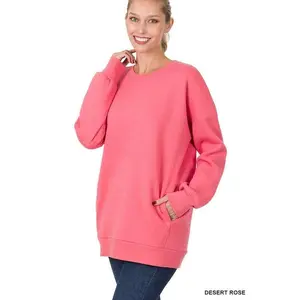 Long Sleeve Round Neck Sweatshirt Side Pockets